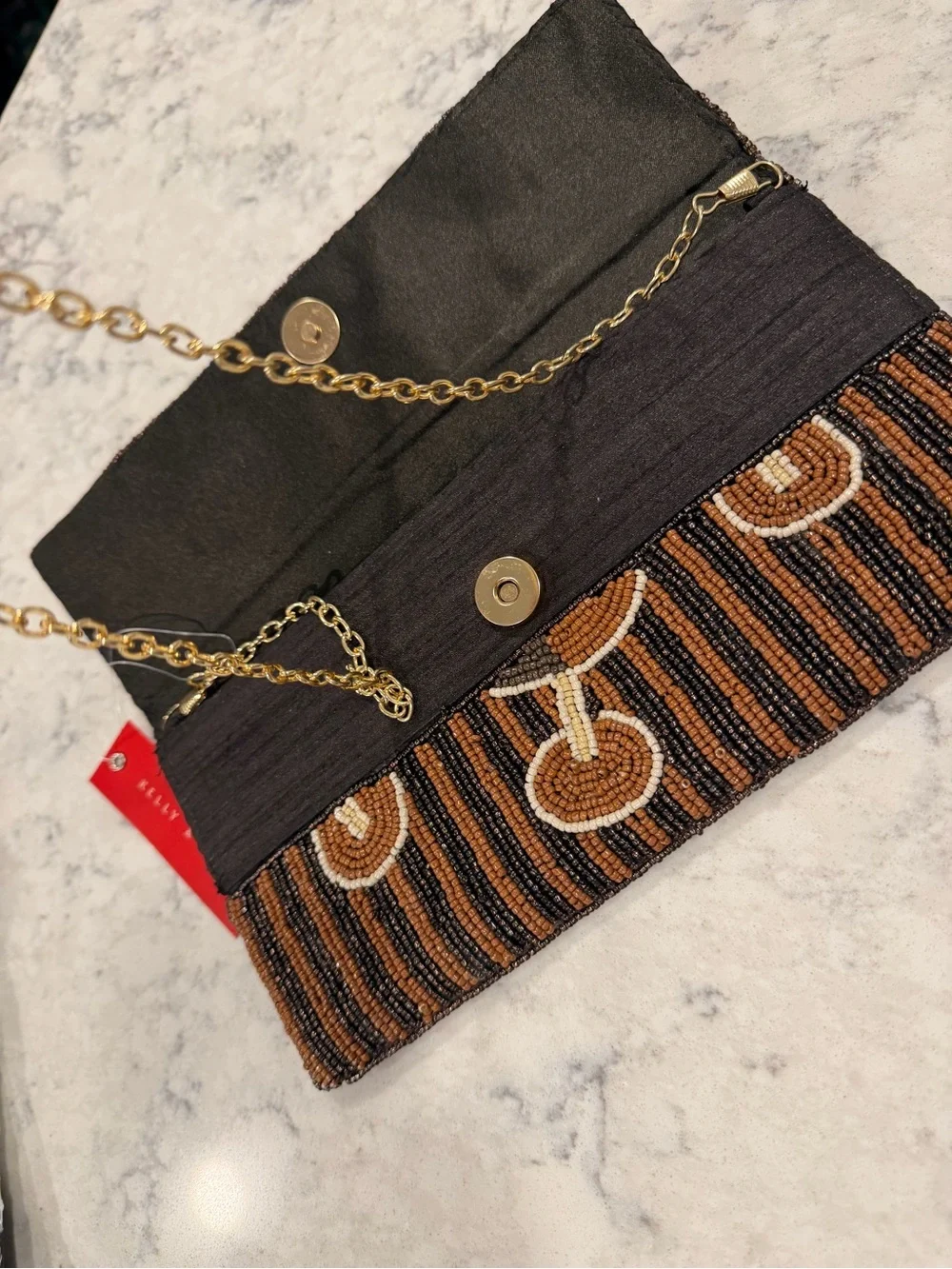 Beaded Clutch espresso martini clutch in Brown & Black with gold crossover chain